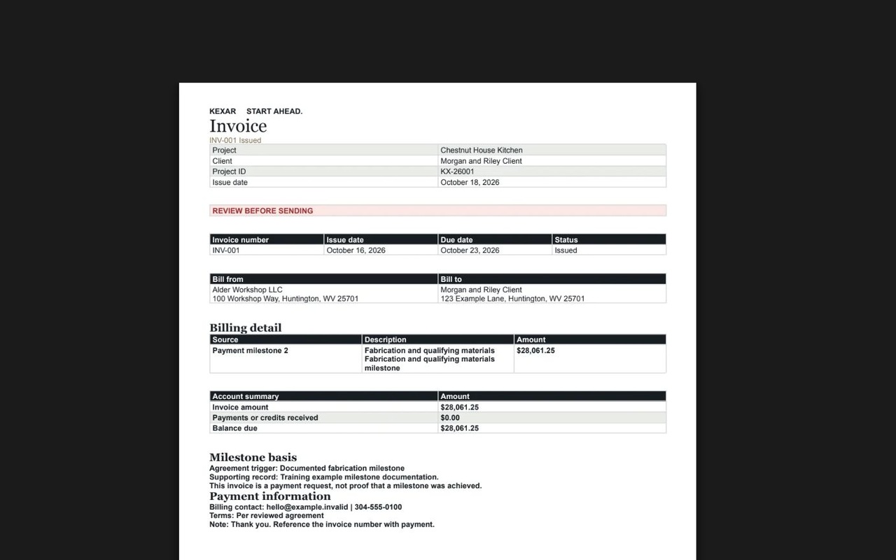 Generated KEXAR invoice with fictional client information